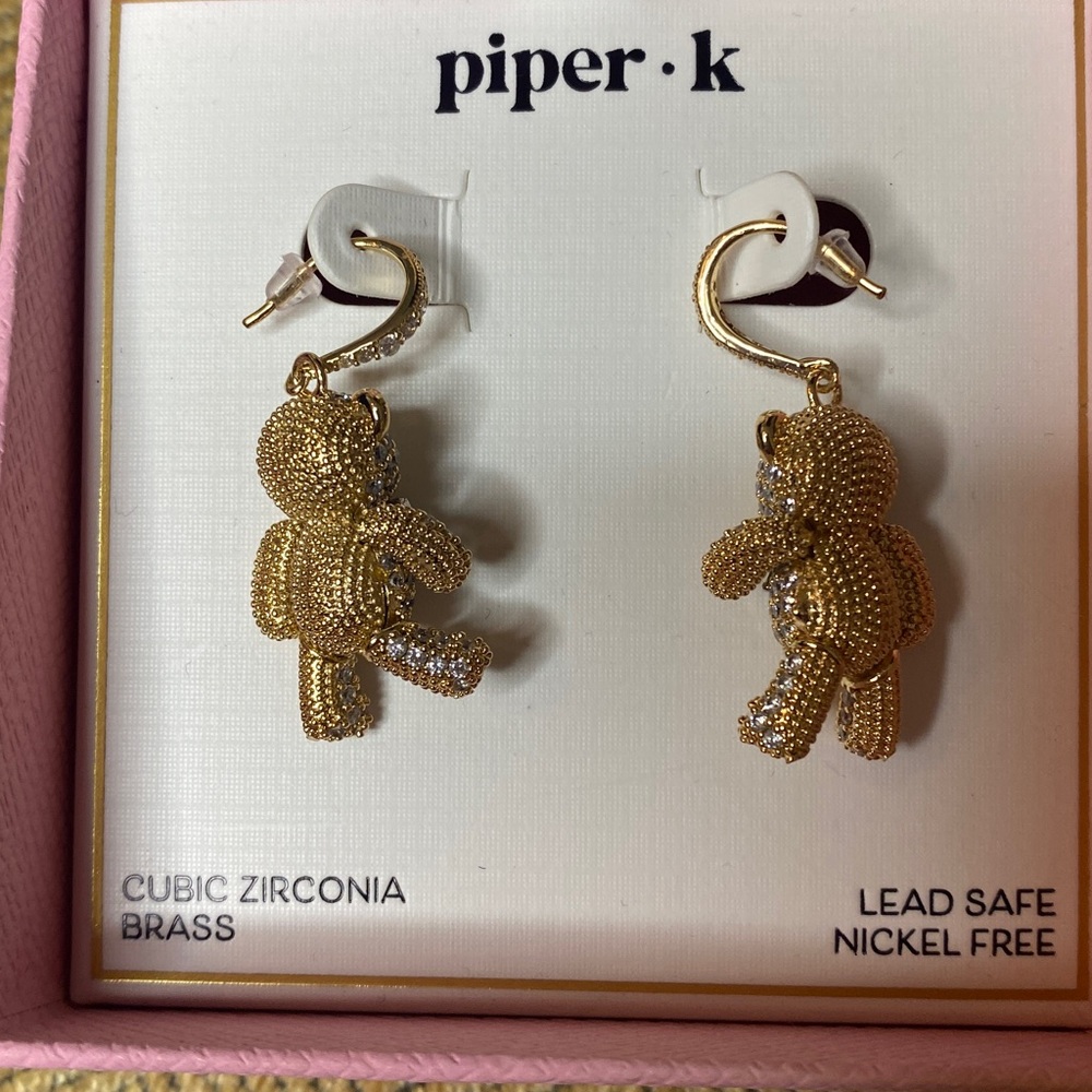 NIB! Piper K Gold Tone Teddy Bear Pave’ Crystal Drop Earrings - Picture 4 of 4